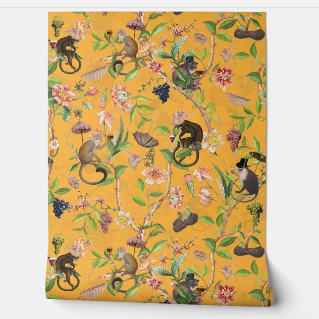 Tropical Vintage Monkey Gardenparty Chinoiserie Wallpaper (Unrolling)