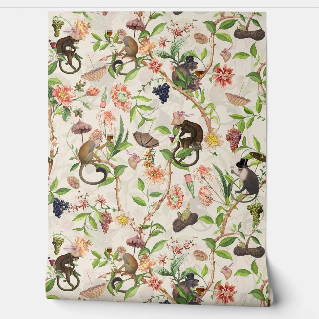 Tropical Vintage Monkey Gardenparty Chinoiserie Wallpaper (Unrolling)