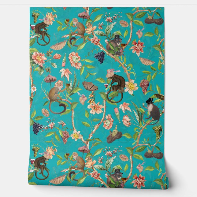 Tropical Vintage Monkey Gardenparty Chinoiserie Wallpaper (Unrolling)