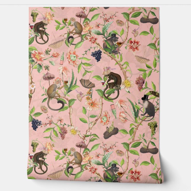 Tropical Vintage Monkey Gardenparty Chinoiserie Wallpaper (Unrolling)