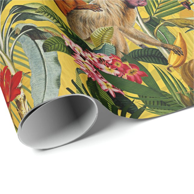 Tropical Vintage Monkey Jungle - yellow pattern Wrapping Paper (Roll Corner)
