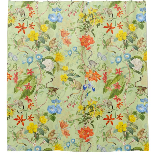 Tropical Vintage Monkeys Garden Rococo Chinoiserie Shower Curtain (Front)