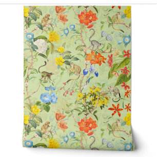 Tropical Vintage Monkeys Garden Rococo Chinoiserie Wallpaper