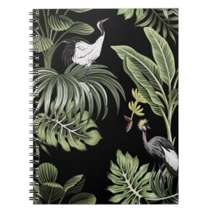 Tropical vintage night crane bird, palm trees, ban notebook