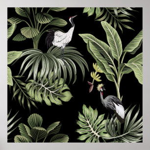 Tropical vintage night crane bird, palm trees, ban poster