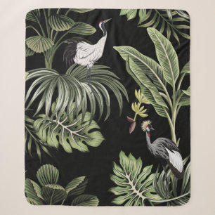 Tropical vintage night crane bird, palm trees, ban sherpa blanket