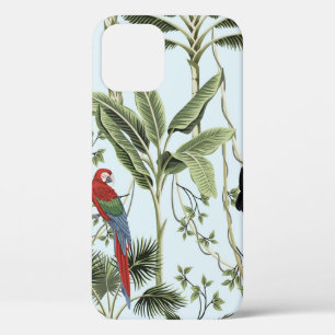 Tropical vintage palm trees, liana, macaw parrot,  iPhone 12 case