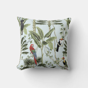 Tropical vintage palm trees, liana, macaw parrot, cushion