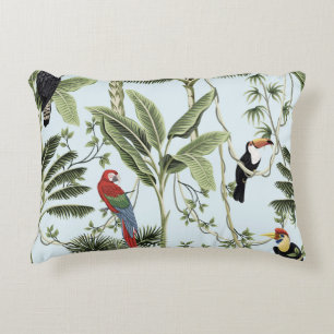 Tropical vintage palm trees, liana, macaw parrot,  decorative cushion