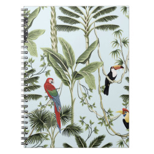 Tropical vintage palm trees, liana, macaw parrot, notebook