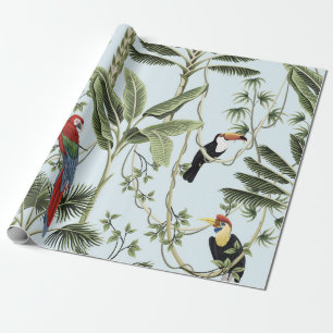 Tropical vintage palm trees, liana, macaw parrot, wrapping paper