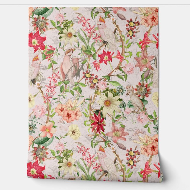 Tropical Vintage Parrots Garden Chinoiserie  Wallp Wallpaper (Unrolling)