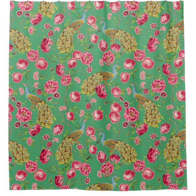 Tropical Vintage Peacock Garden Rococo Chinoiserie Shower Curtain (Front)