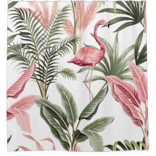 Tropical vintage pink flamingo,  banana trees and  shower curtain