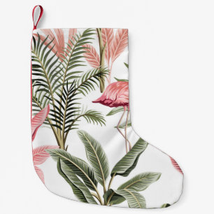 Tropical vintage pink flamingo,  banana trees and  small christmas stocking