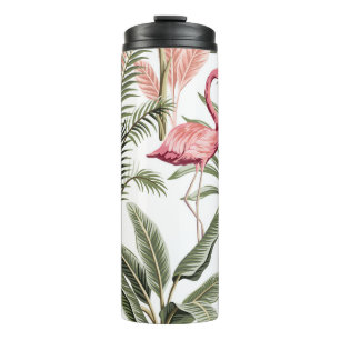 Tropical vintage pink flamingo,  banana trees and  thermal tumbler