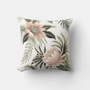 Tropical vintage pink lotus, palm leaves, banana cushion