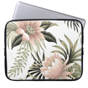 Tropical vintage pink lotus, palm leaves, banana laptop sleeve