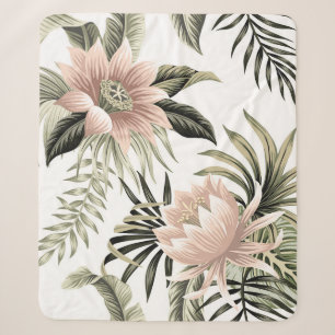 Tropical vintage pink lotus,  palm leaves,  banana sherpa blanket