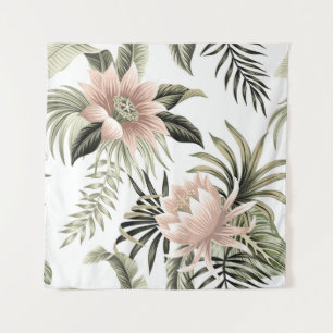 Tropical vintage pink lotus, palm leaves, banana tapestry