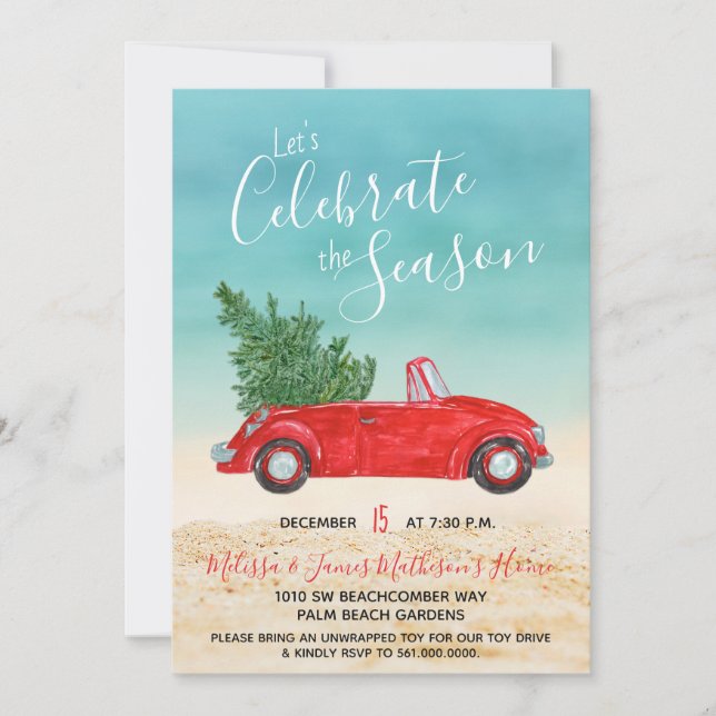 Tropical Vintage Red Car Christmas Holiday Party Invitation (Front)