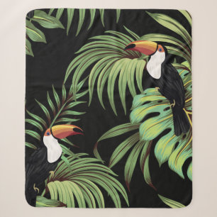 Tropical vintage toucan, palm leaves floral seaml sherpa blanket