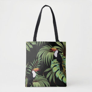 Tropical vintage toucan, palm leaves floral seaml tote bag