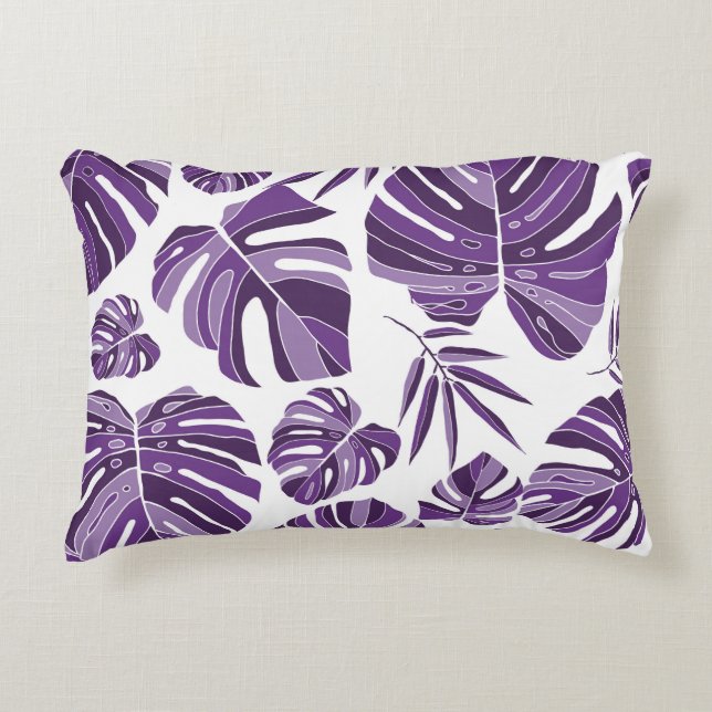 Tropical violet monstera leaves seamless pattern w decorative cushion (Front)