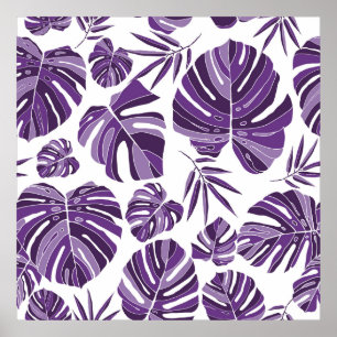 Tropical violet monstera leaves seamless pattern w poster
