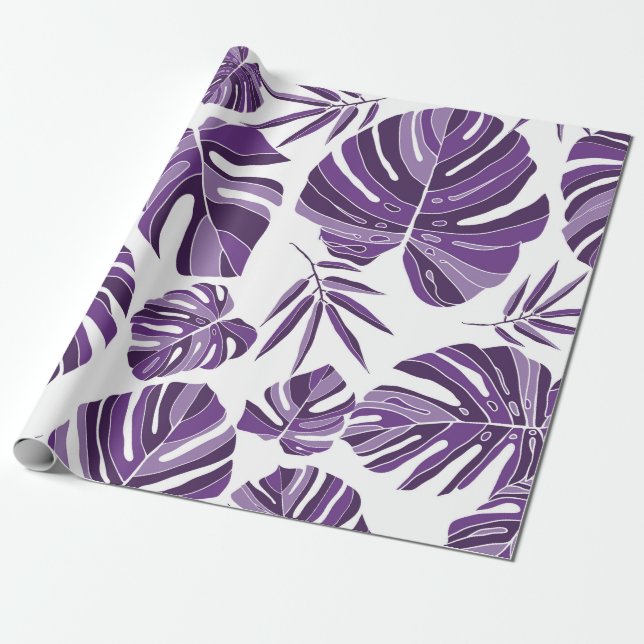 Tropical violet monstera leaves seamless pattern w wrapping paper (Unrolled)