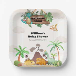 Tropical Volcano Hatching Dinosaur Baby Shower Paper Plate