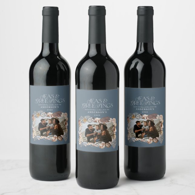 Tropical warm Christmas seas greetings photo blue  Wine Label (Bottles)