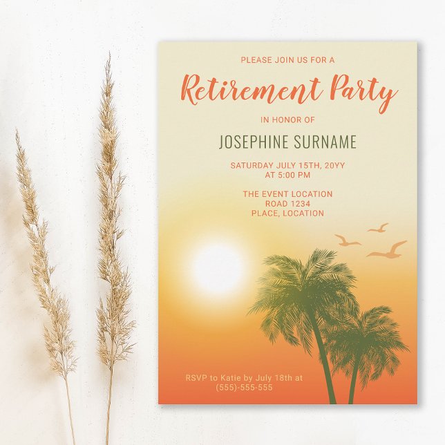 Tropical Warm Sunset Palm Trees Retirement Party Invitation (Creator Uploaded)
