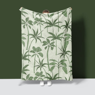 Tropical Warmth: Botanical Palm Vintage Sage Fleece Blanket