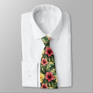 Tropical Watercolor Banana Leaves and Hibiscus Tie