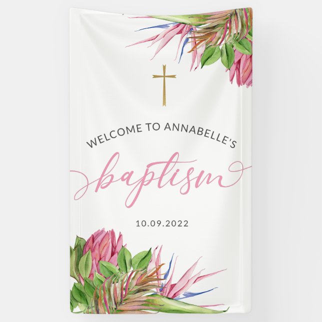 Tropical Watercolor Baptism Welcome Banner (Vertical)