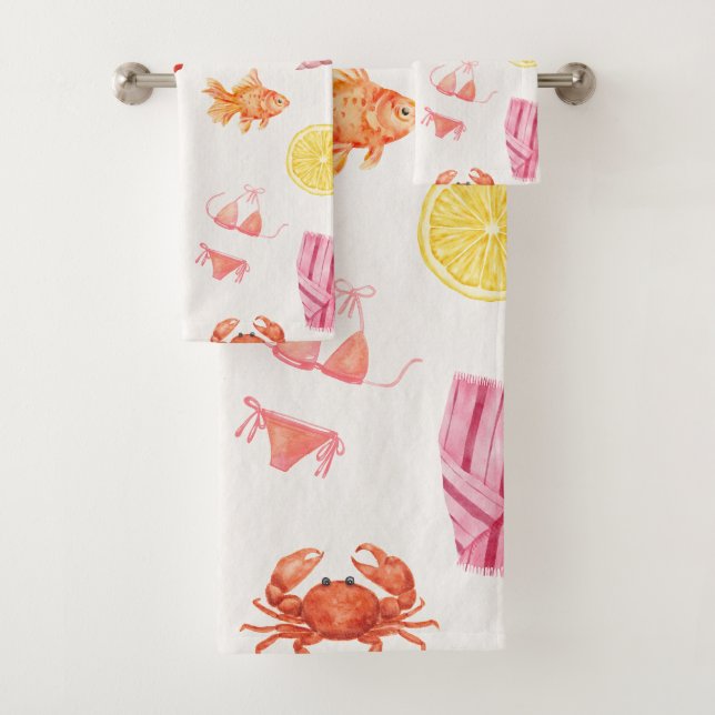 Tropical Watercolor Beach Elements Summer Bath Towel Set (Insitu)