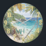 Tropical Watercolor Beach Lagoon Paradise  Large Clock<br><div class="desc">This special clock truly represents the magical vision we have of the beautiful lagoon surrounded by flowers and water - the peace, stillness and serenity of the moment. Personalise with your initials or delete. Enjoy the lovely poster for yourself or as a gift. If you have any questions, just send...</div>