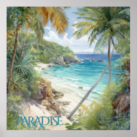 Tropical Watercolor Beach Lagoon Paradise