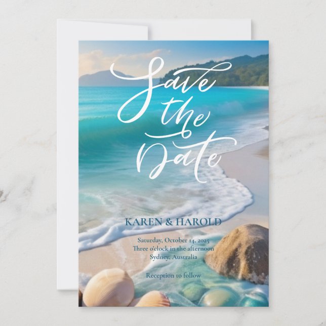 Tropical Watercolor Beach ocean Save the date Invitation (Front)