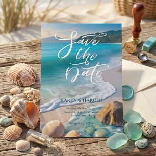 Tropical Watercolor Beach ocean Save the date Invitation