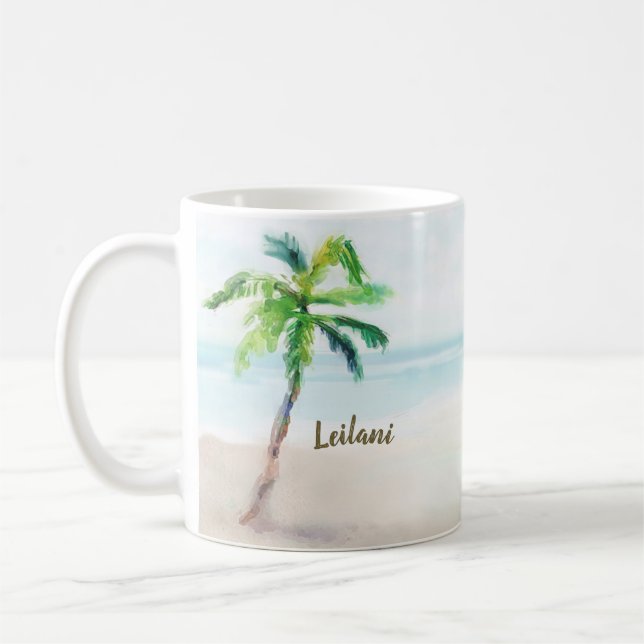 Tropical Watercolor Beach Palm Tree Coffee Mug (Left)