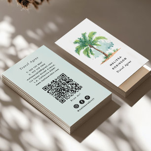 Tropical Watercolor Beach Palm Tree Green QR Code  Business Card