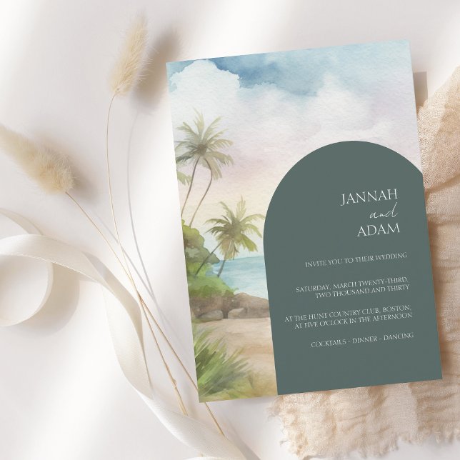 Tropical Watercolor Beach Palm Trees Wedding Invitation (Creator Uploaded)
