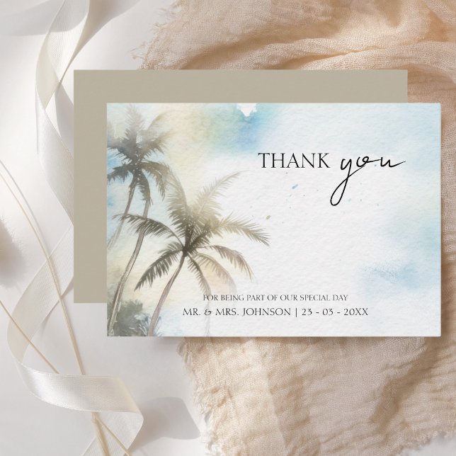 Tropical Watercolor Beach Palm Trees Wedding Thank You Card (Creator Uploaded)