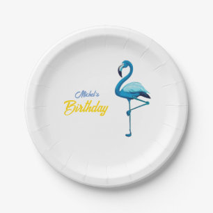 Tropical Watercolor Blue Flamingo Gold Paper Plate