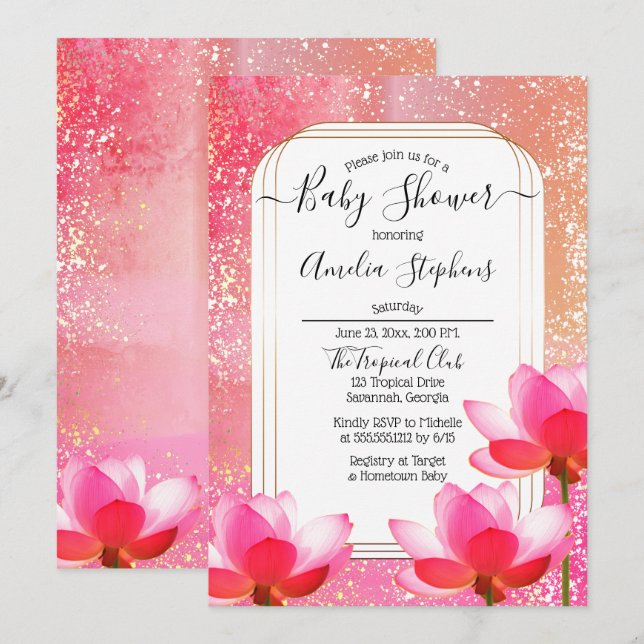 Tropical Watercolor Boho  Lotus Floral Baby Shower Invitation (Front/Back)