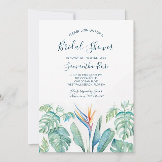 Tropical Watercolor Botanical Bridal Shower Save The Date (Front)