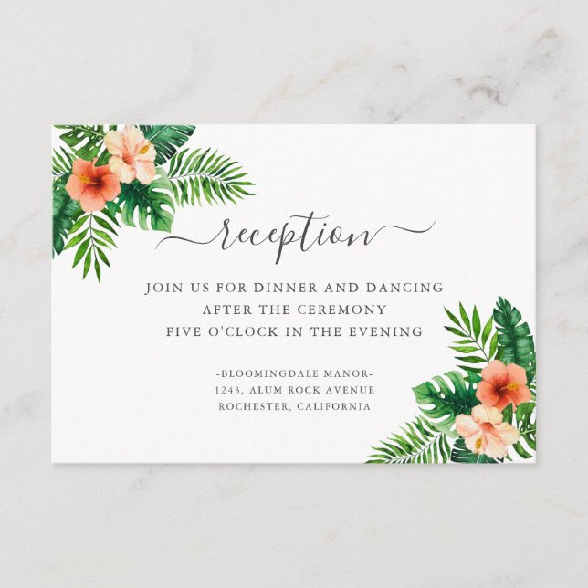 Tropical Watercolor Botanical Wedding Reception Enclosure Card (Front)