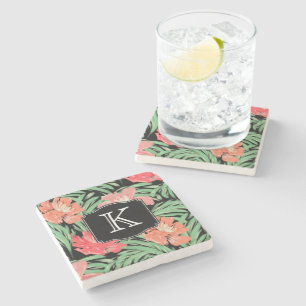 Tropical Watercolor Botanical with Monogram Stone Coaster